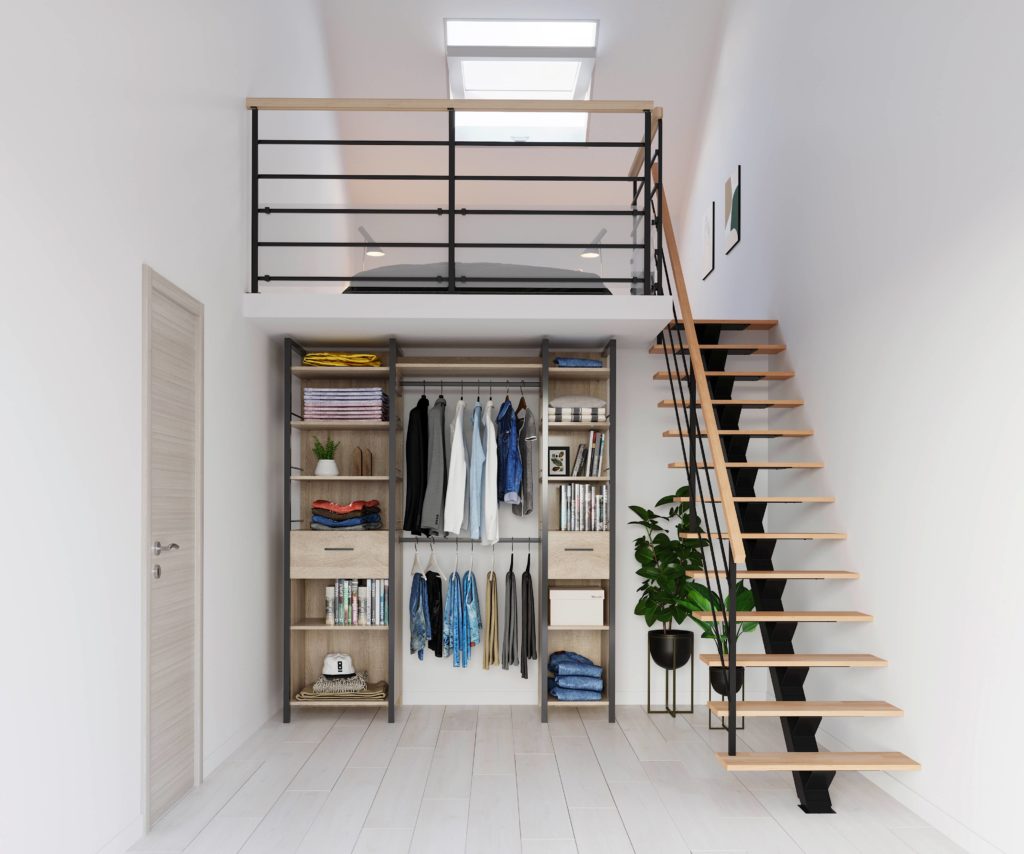 escalier intérieur bois avec balustrade en métal